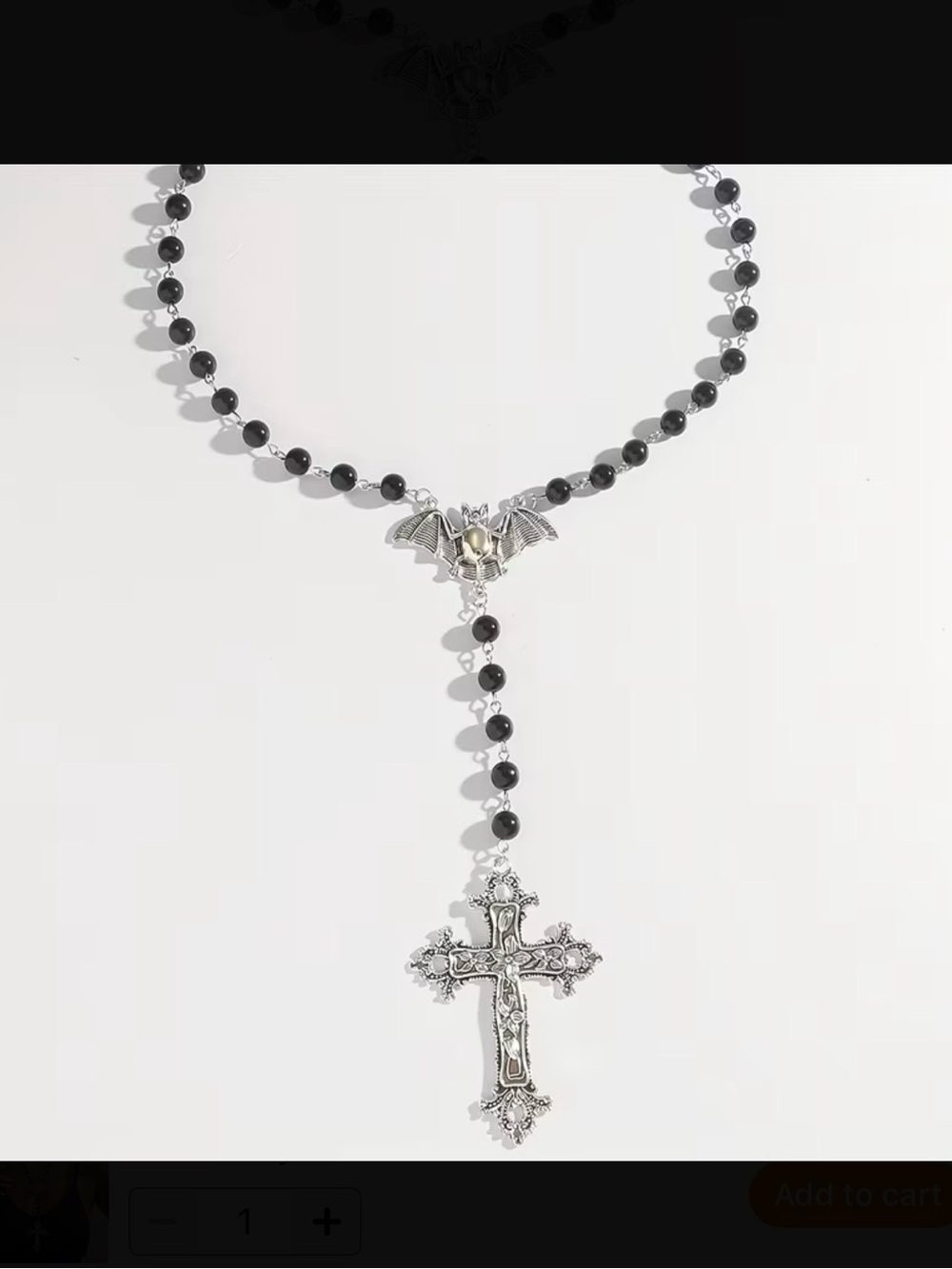 ⭐️ Black Beaded Rosary Style Necklace with Silver Tone Bat Connector